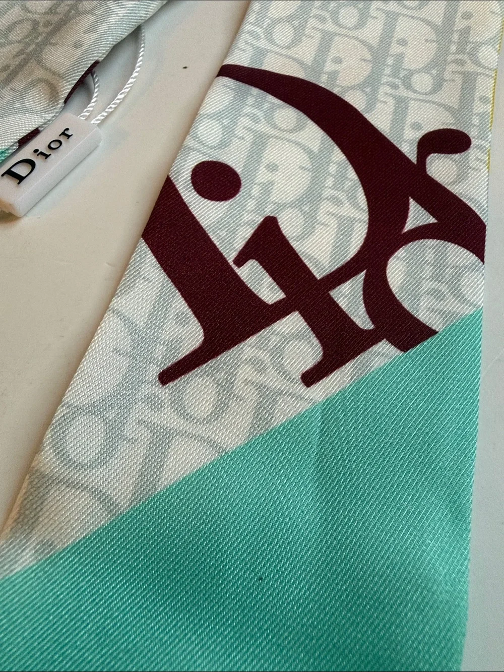 Cream,Seafoam & Burgundy Silk Twilly Scarf 39”